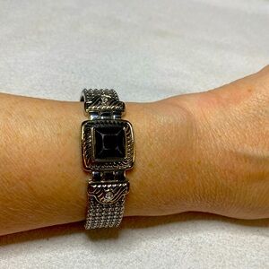 Two Toned Ornate Oval Clamper Silver and Gold  Toned with Black Bead Bangle